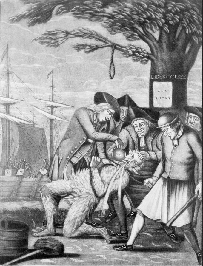 Американские колонисты издеваются над комиссаром британской таможни