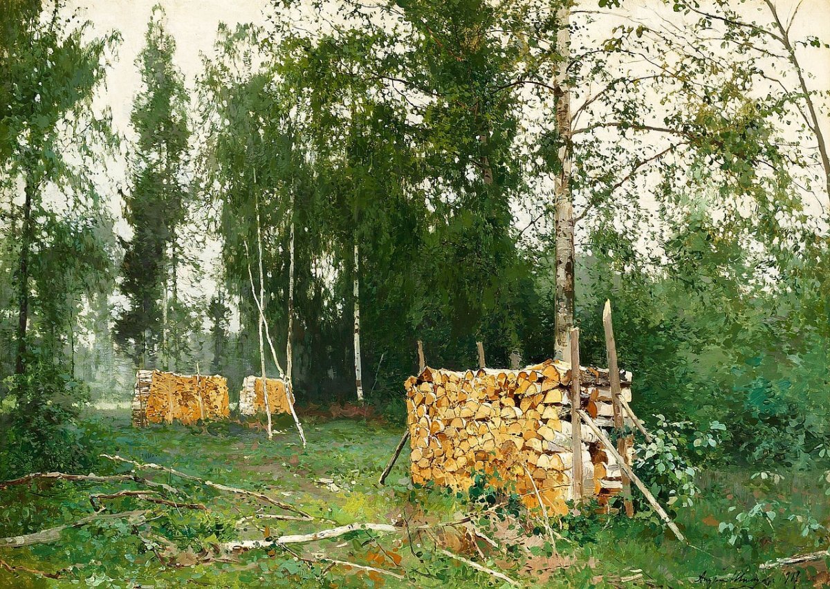 Весенний лес. Березовые бревна