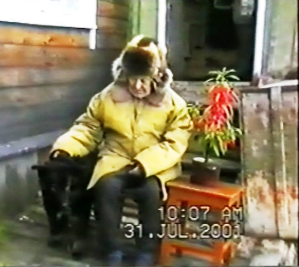 Дед надевает тёплую шапку, плащ на тёплой подкладке и выходит на крыльцо. Выносит табурет, цветок, который вырастил из семечка и ухаживал за ним всё лето, Долго усаживается. Фото из личного архива.