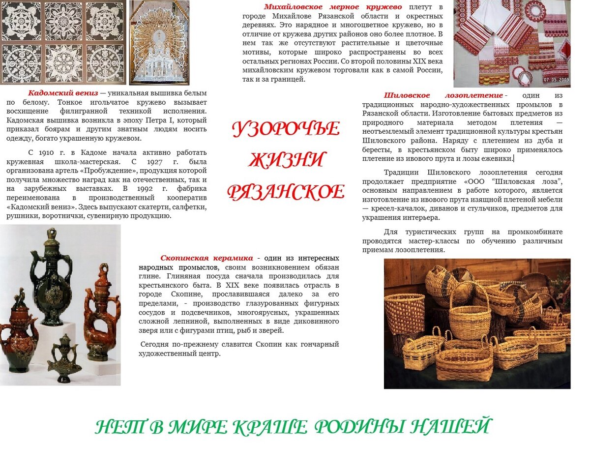 1. http://www.alla-denissova.com/veniz 2. https://proza.ru/2019/04/04/1037
3. http://cnt-ryazan.ru/cultural-heritage/texts/2012/mihaylovskoe-cvetnoe-chislennoe-krujevo.html
4. https://zen.yandex.ru/media/id/5d667d247cccba00ac1bb2fe/narodnye-promysly-riazanskoi-zemli-shilovskoe-lozopletenie-5ea2a1cac8c4f56528e8284c