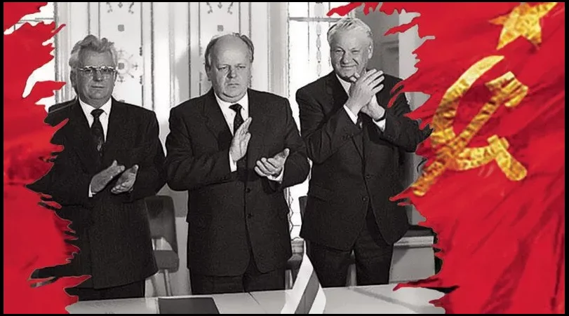 президенты Украины, Белоруссии и России в Беловежской Пуще хоронят СССР. 8 декабря 1991, на фото слева на право: Кравчук, Шушкевич и Ельцин (изображение взято из открытых источников)