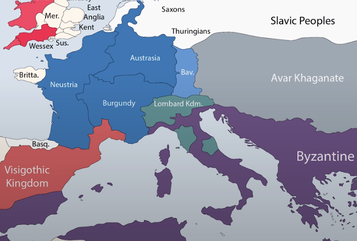 Приблизительная карта Европы к 580 году. Франки разделены на три королевства.