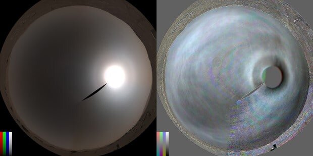 Солнечное гало, которое сфотографировал 15 декабря 2021 года (сол 292) Perseverance. Справа — разница снимков (поточечное сравнение) по контрасту в сол 292 и «обычный» сол 299, когда гало не наблюдалось. Geophysical Research Letters 49, e2022GL099776 (2022).