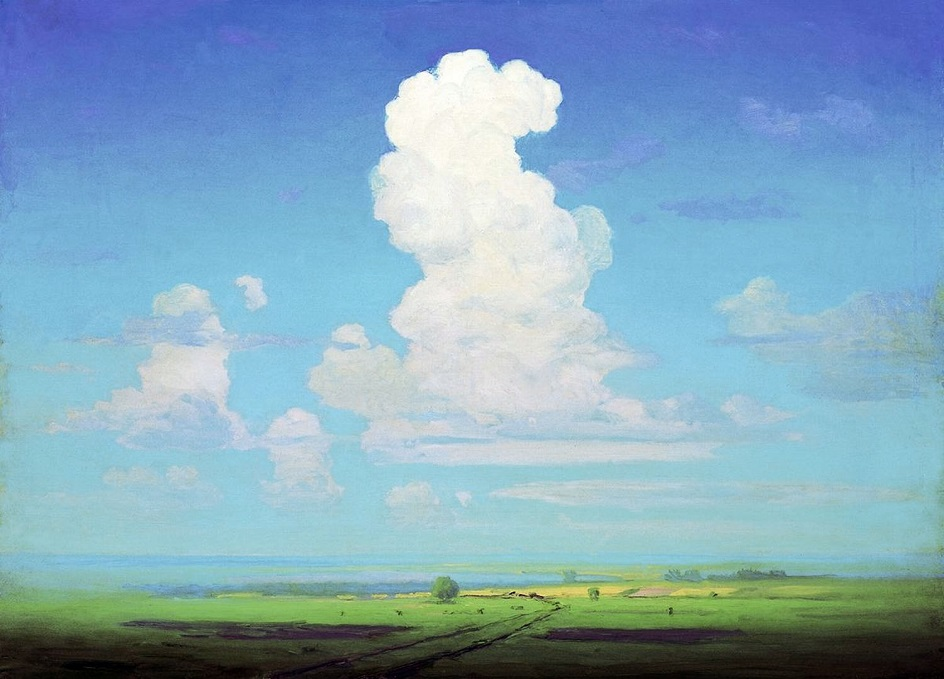 Архип Куинджи. Облако.1908.
Ромашка, как большая карусель,
Душистый клевер, что коралл могучий.
Пустыми мыслями измучен,
Распят, лежу я на планете всей.