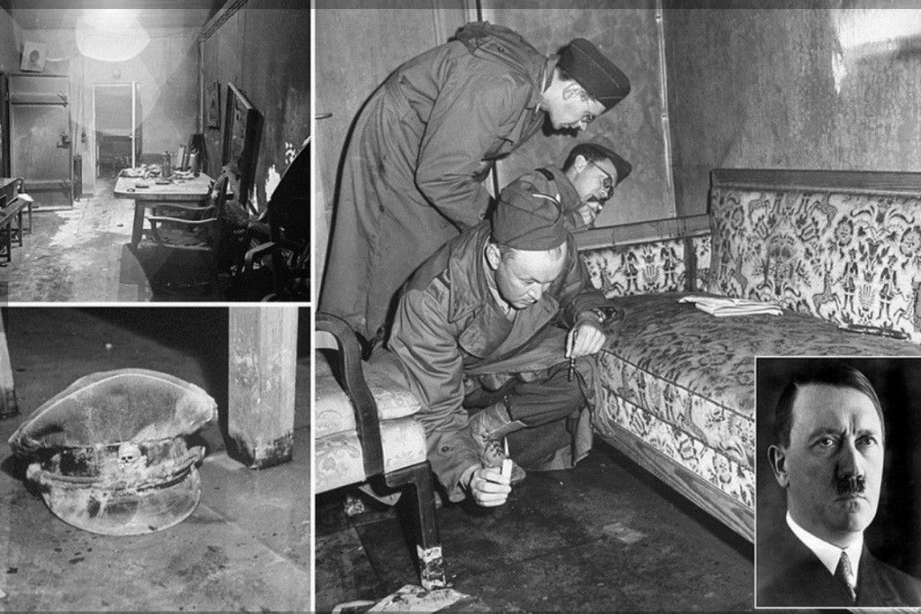 Поздно вечером 30 апреля в бункере были найдены тела Гитлера и его новой жены Евы Браун с пулевым отверстием в виске Гитлера.