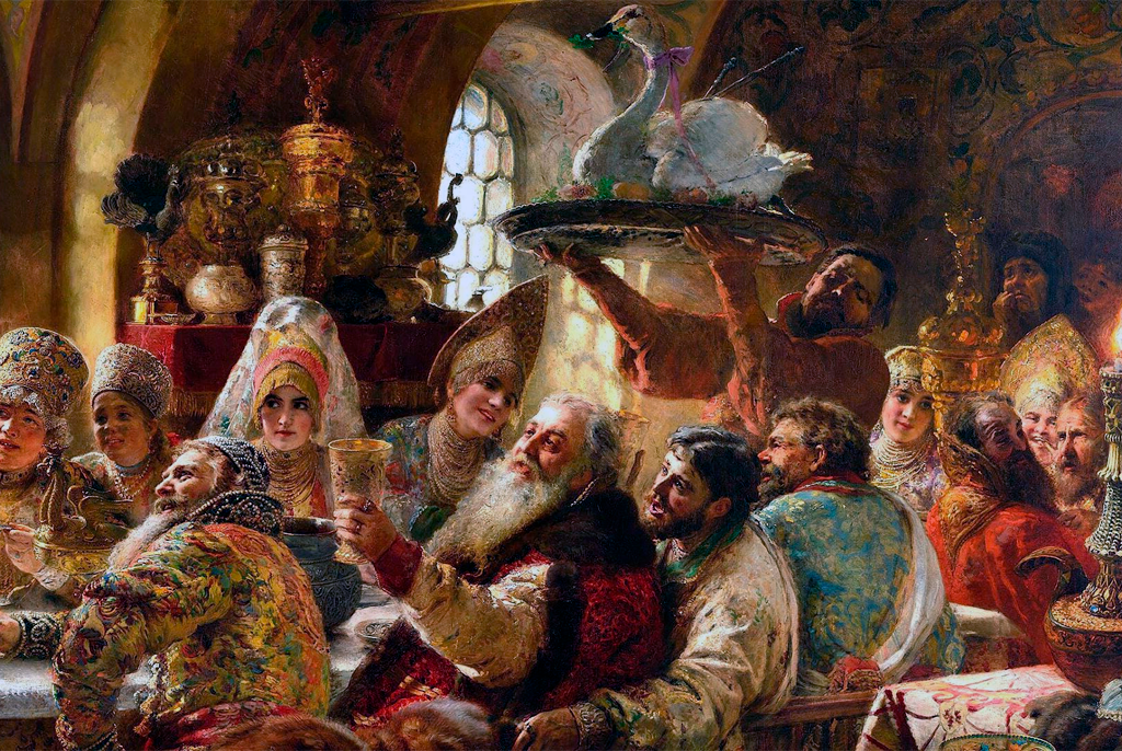 Домашний быт царя. Боярский пир картина Маковского. Царский пир Ивана Грозного.