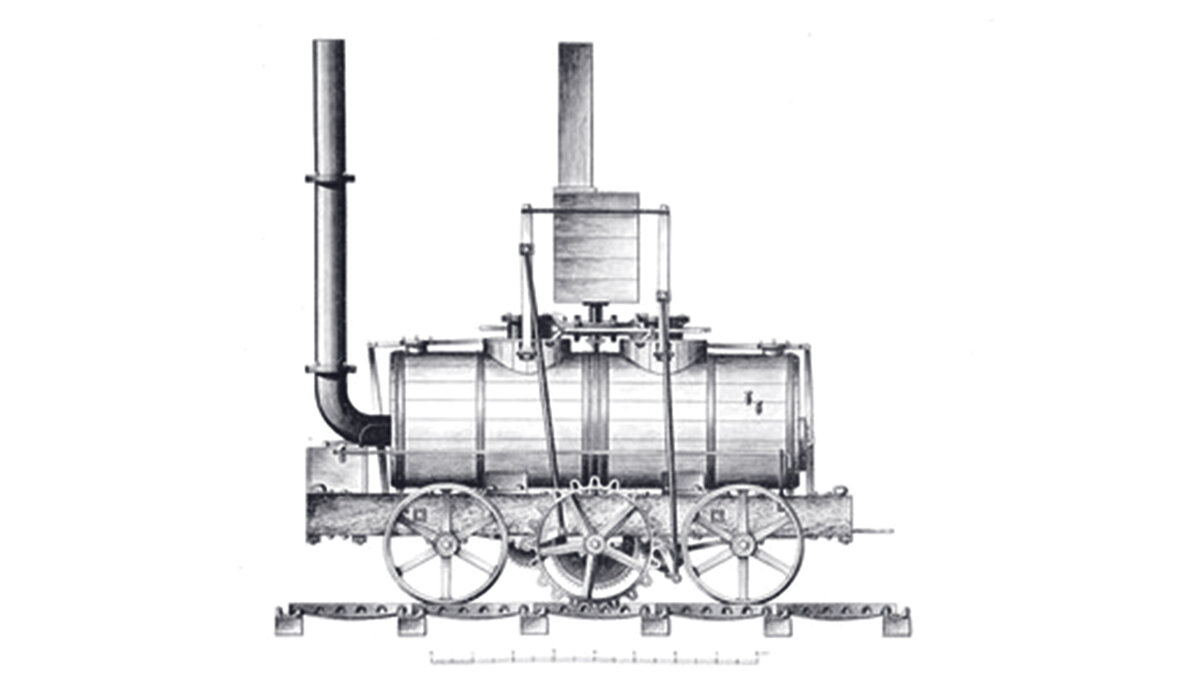 Реечный локомотив Бленкинсопа Саламанка, угольный трамвай из Миддлтона в Лидс (Великобритания), 1812 год, автор неизвестен, окончательно опубликовано в The Mechanic's Magazine, 1829 год.
