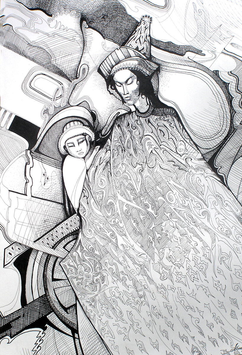 Нурлан Абишев "Утренняя звезда"/"Таншолпан" 
бумага, тушь
