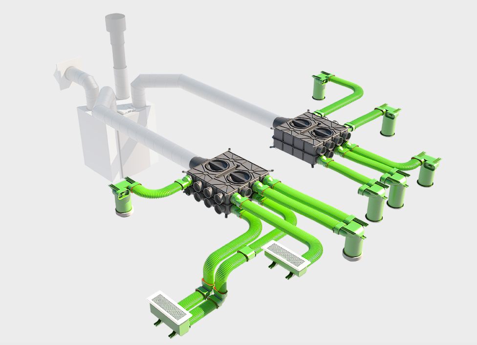Принципиальная схема "радиальной системы распределения воздуха" - от коллекторов (камер уравнивающих давление) до приточных или вытяжных решеток и диффузоров.