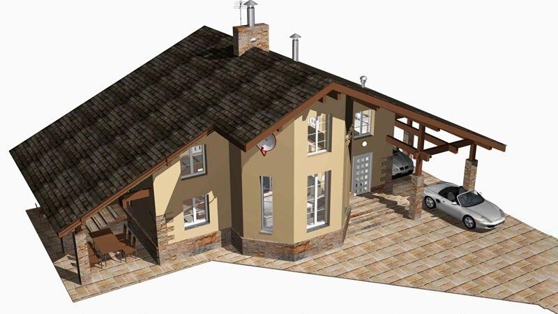 Внешность характерна классическим шестигранным эркером и мощным разлётом свесов двускатной кровли.