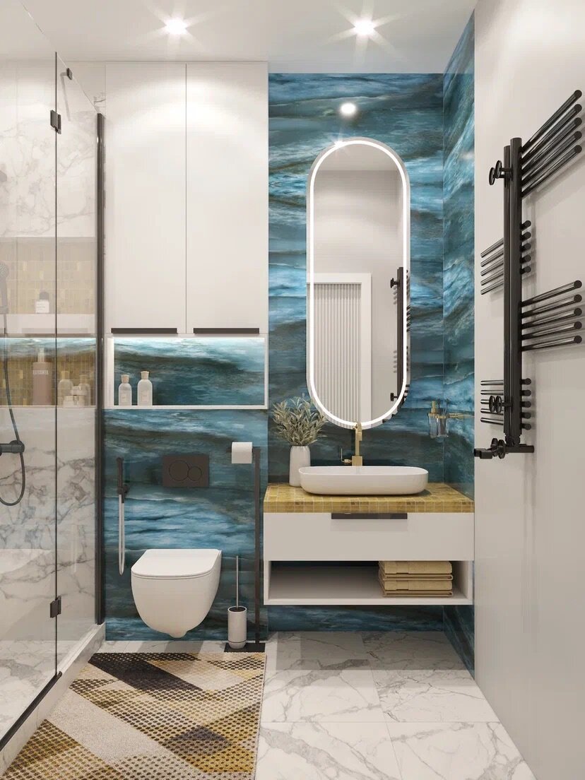 Синий мрамор, золотистая мозаика отличное сочетание, напоминает море и золотой песок