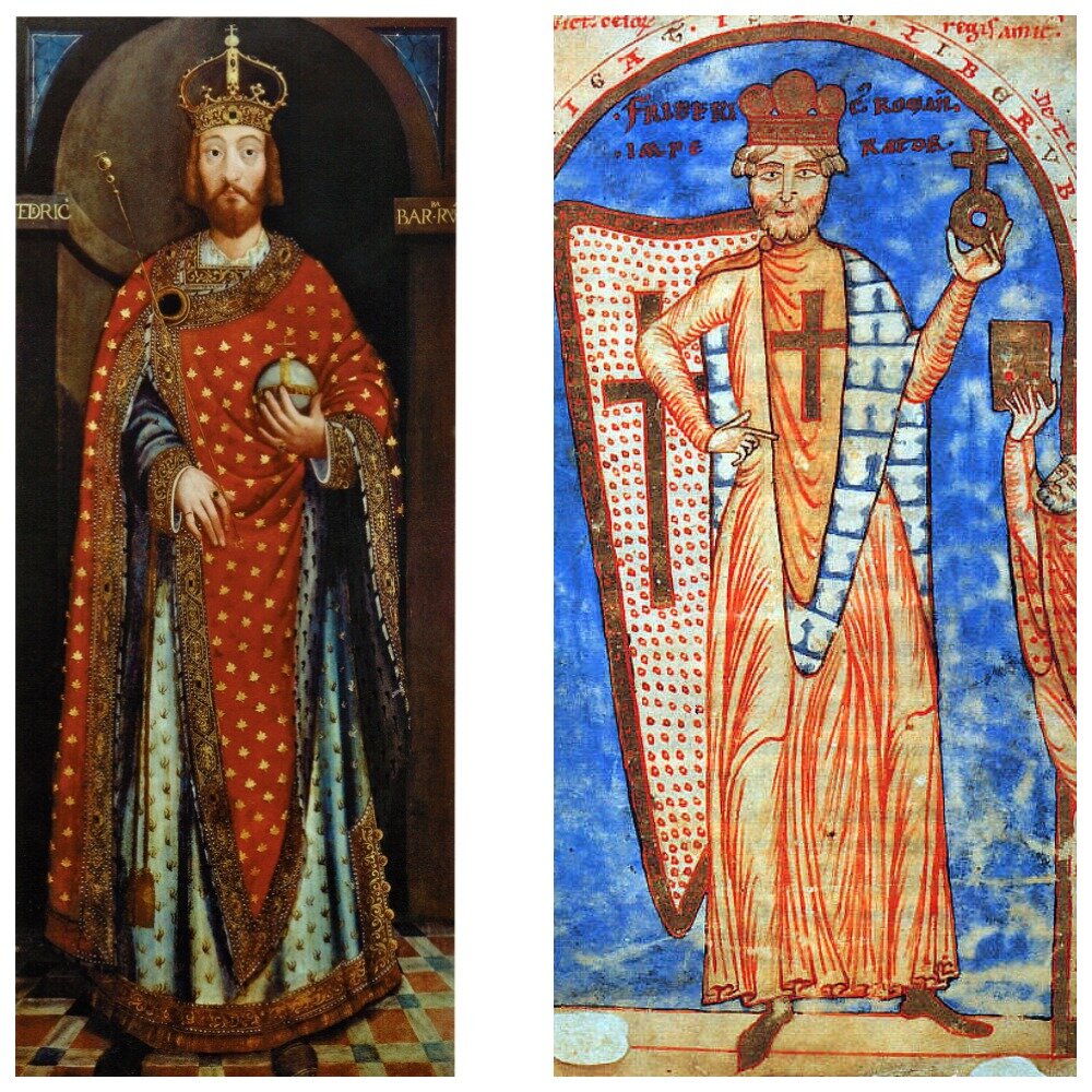 Справа: Фридрих I Барбаросса — крестоносец. Миниатюра из рукописи (1188 г.). Слева: Фрагмент картины Бернардо Кейна «Фортрет короля Фридриха I Барбароссы» 