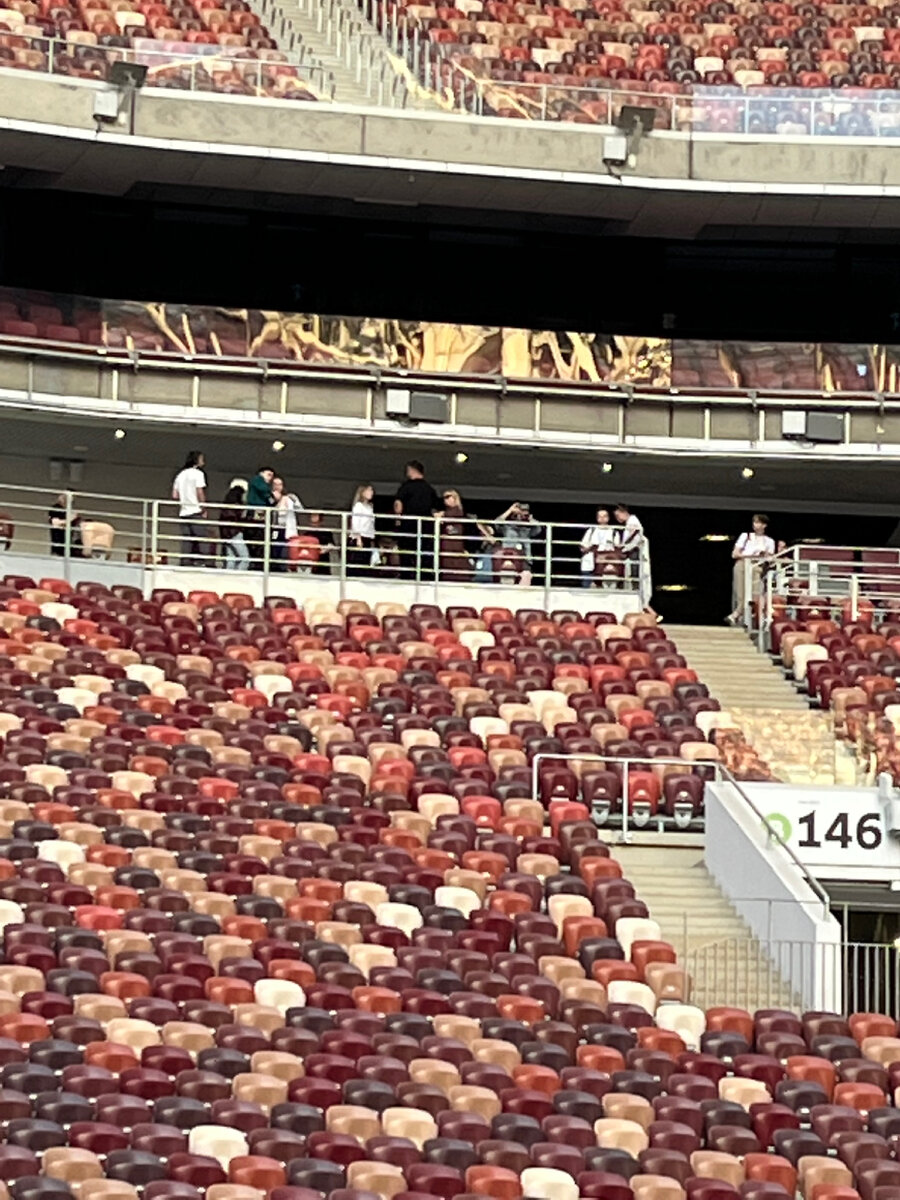 Сергей Жуков даёт интервью перед концертом на фоне полного стадиона.