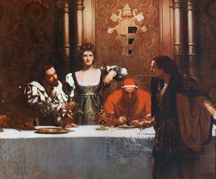 Картина Джона Коллиера "Бокал вина с Цезарем Борджиа", слева: Чезаре Борджиа, Лукреция, папа Александр и молодой человек с пустым бокалом в руках.