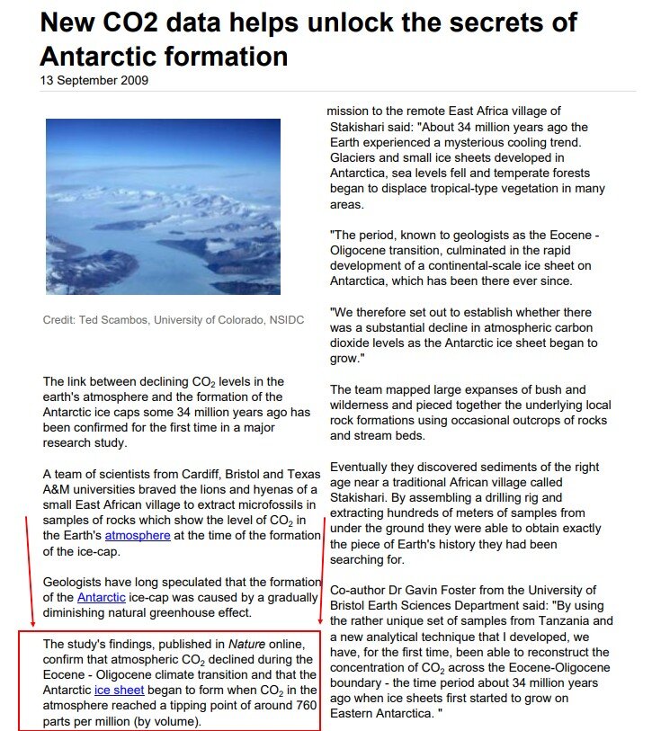 Выдержка из исследования о связи между снижением CO2 и его концентрацией в атмосфере Земли с формированием ледяных шапок Антарктики. 