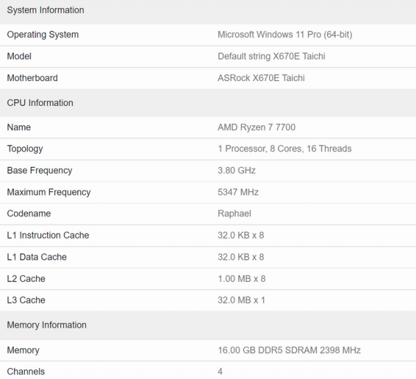  📷    Спецификации AMD Ryzen 7 7700. Источник изображения: Geekbench