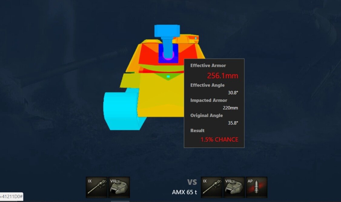 Топовая башня (лоб). Стоковая - дальше в галерее. Все изображения - скриншоты автора. Все значения брони - для бронебойного снаряда.