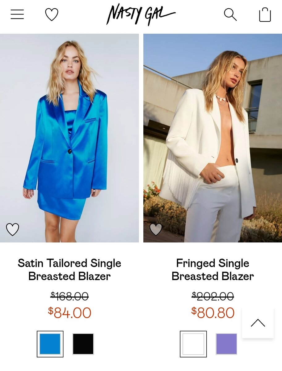 Стоимость блейзеров Nasty Gal на официальном сайте бренда. 