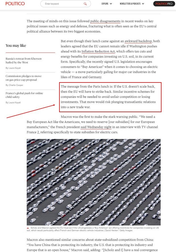 Послание парижского ланча таково: если США не отступят, ЕС придётся нанести ответный удар. Аналогичные схемы стимулирования для компаний будут необходимы, чтобы избежать недобросовестной конкуренции или потери инвестиций. Этот шаг может привести к втягиванию трансатлантических отношений в новую торговую войну.