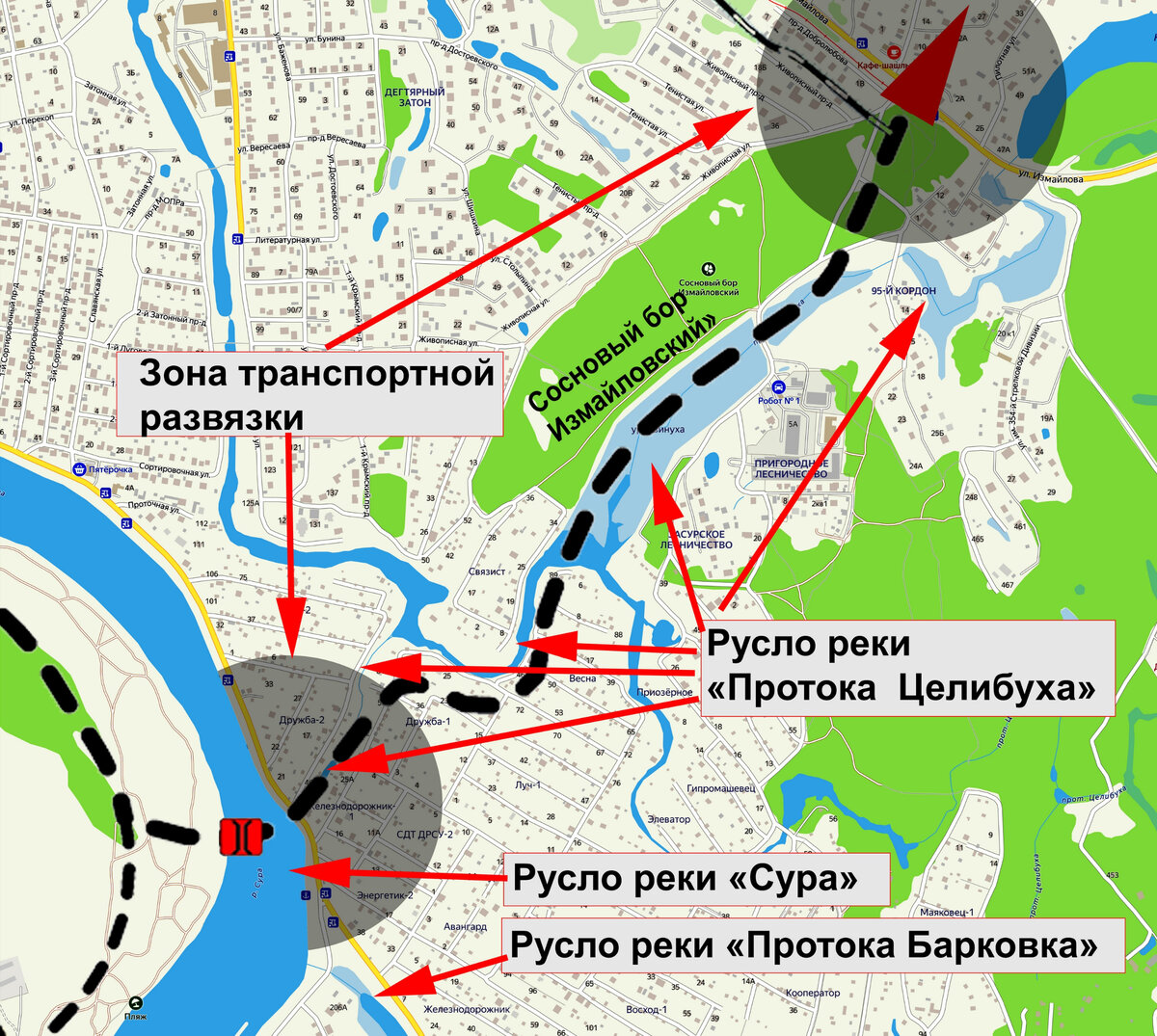 Микрорайон Барковка (район пристани). Элемент кольцевой магистрали предложенный  по руслу реки