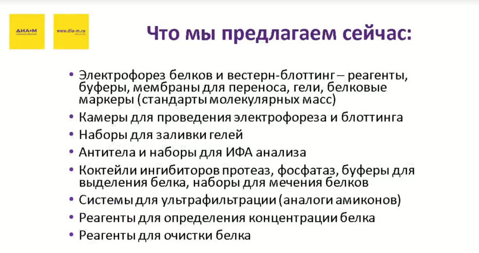В ассортименте также камеры для проведения электрофореза как стадии вестерн-блоттинга, наборы для заливки гелей, антитела для различных применений и разнообразные наборы для ИФА анализа. В ассортименте есть широкий спектр реагентов для рутинного выделения белка, таких как лизирующие буферы, ингибиторы протеаз, фосфатаз, а также другие реагенты, которые так или иначе связаны с работой с белками: наборы для мечения белков, буферы для выделения белка, системы для ультрафильтрации (аналоги амиконов), для определения концентрации и очистки белка.