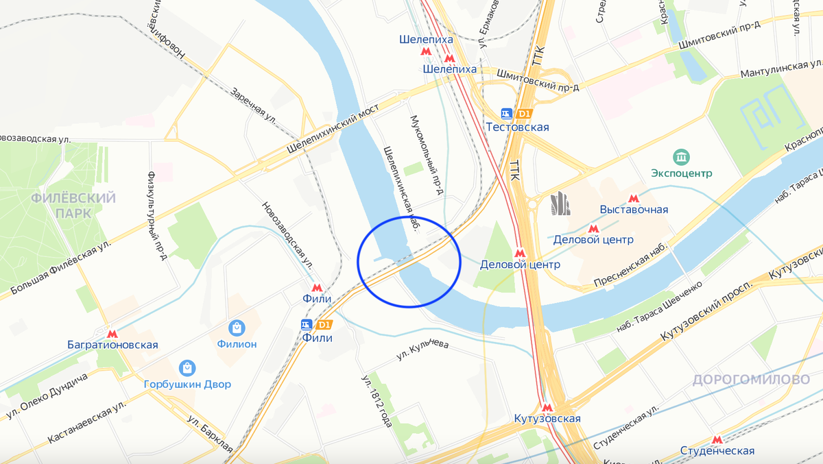 Расположение моста на современной карте Москвы (в синем кружочке). Яндекс.Карты.