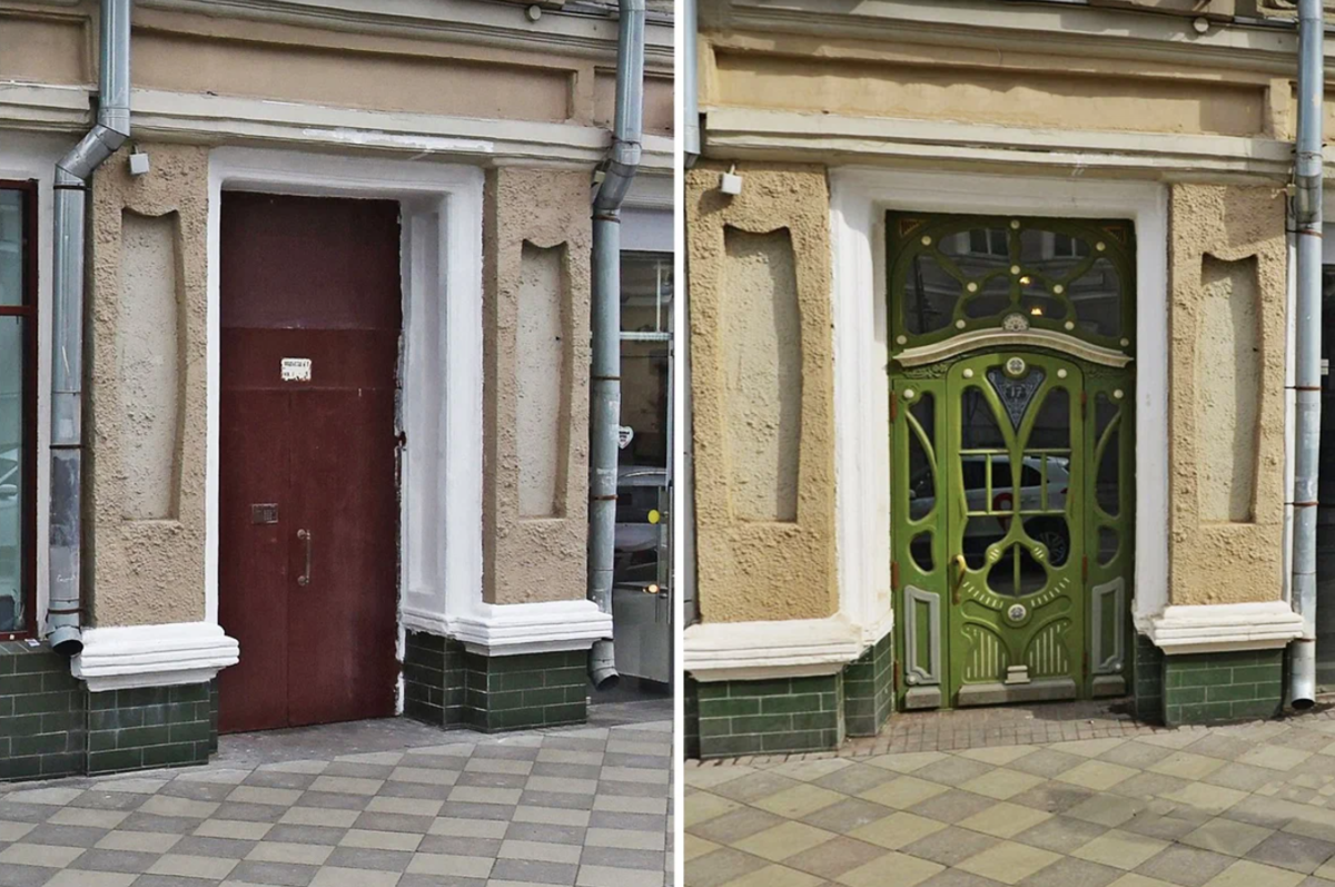 Пример уважения к исторической среде: один из жильцов дома на Пятницкой улице предложил заменить старую глухую дверь на стилизованную под модерн (более приближенную к оригинальной). Соседи инициативу поддержали (фото: Яндекс Карты)