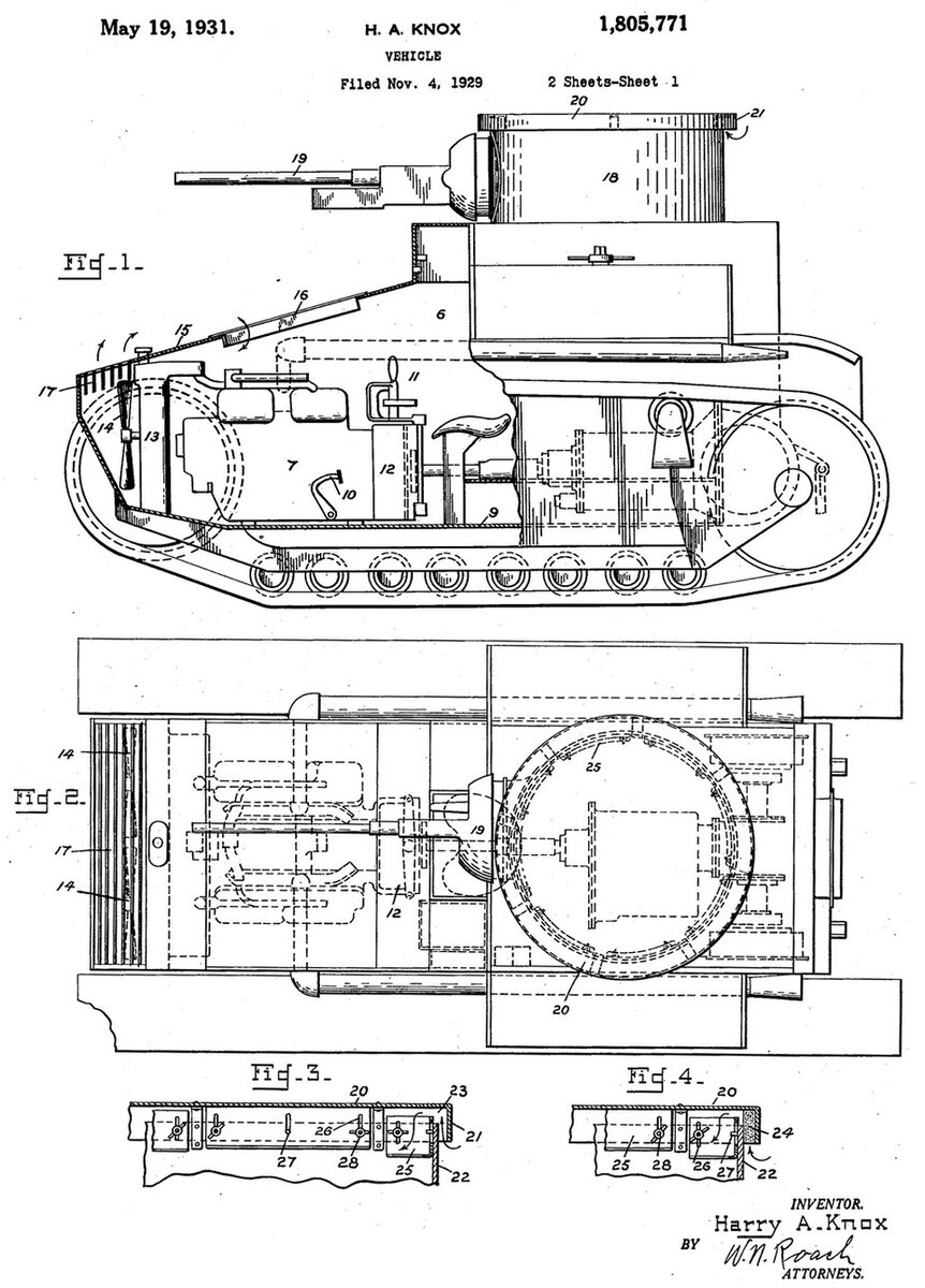  Иллюстрация из патента Гарри Нокса на его танк. Она наглядно даёт представление о том, кем на самом деле разрабатывалась эта машина. Многие исследователи совершают большую ошибку: фирма James Cunningham Son & Co была лишь подрядчиком