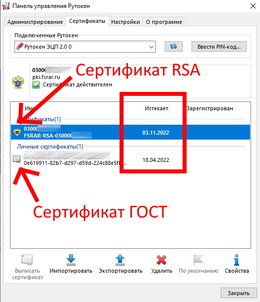 Сертификаты ГОСТ и RSA со сроками действия