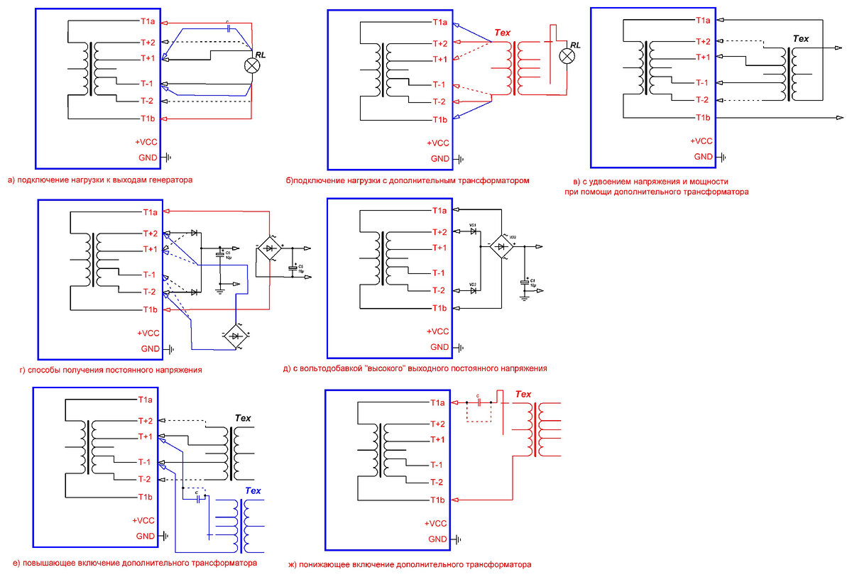 Рис.2 Схемы вариантов подключения нагрузки и дополнительных трансформаторов