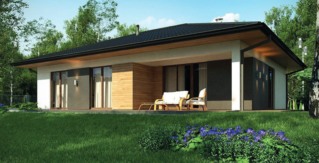 Для отделки фасадов применена белая и серая штукатурка, а также панели из натурального дерева, что делает дом стильным, элегантным, привлекающим взгляды прохожих.