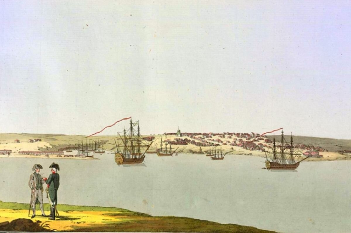    Вид порта и города Ахтиара, или точнее — Ак-Яра, ныне Севастополь, 1794 г.
