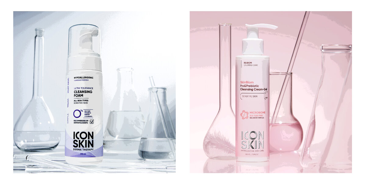 ICON SKIN Мягкая очищающая пенка DERMA THERAPY и Крем-гель для умывания RE:BIOM