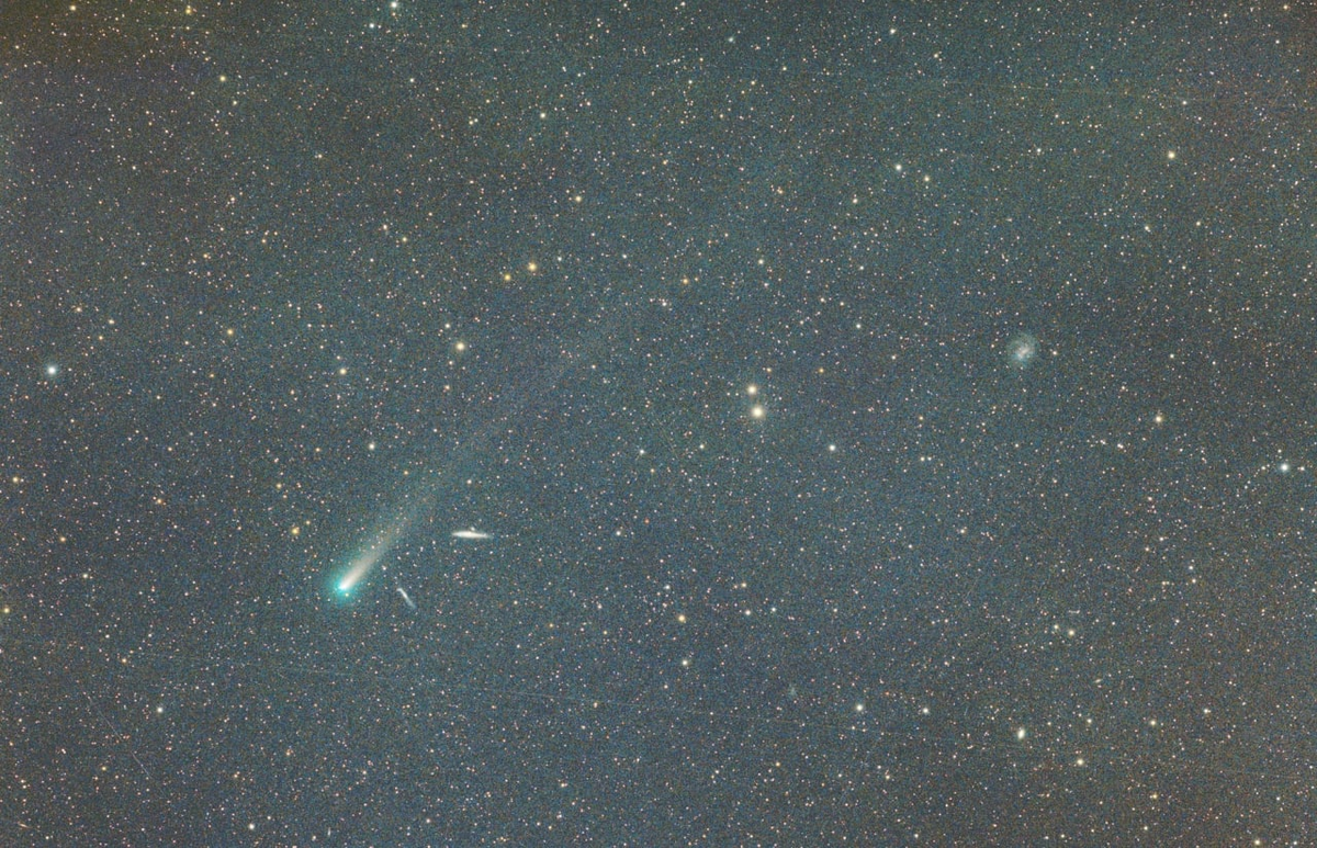 На широкоугольных снимках комета Леонарда выглядит развитым объектом с длинным газовым хвостом. Автор: М. Егер