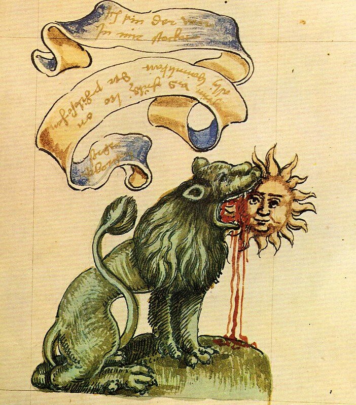 Зелёный Лев, пожирающий Солнце. Из книги «Розарий философов», Франкфурт, около 1550 / 'The Green Lion Eating the Sun'; illustration from the 'Rosarium Philosophorum' [The Rosary of the Philosophers], first printed at Frankfurt as the second part of the alchemical compendium 'De Alchimia opuscula complura veterum philosophorum', c.1550