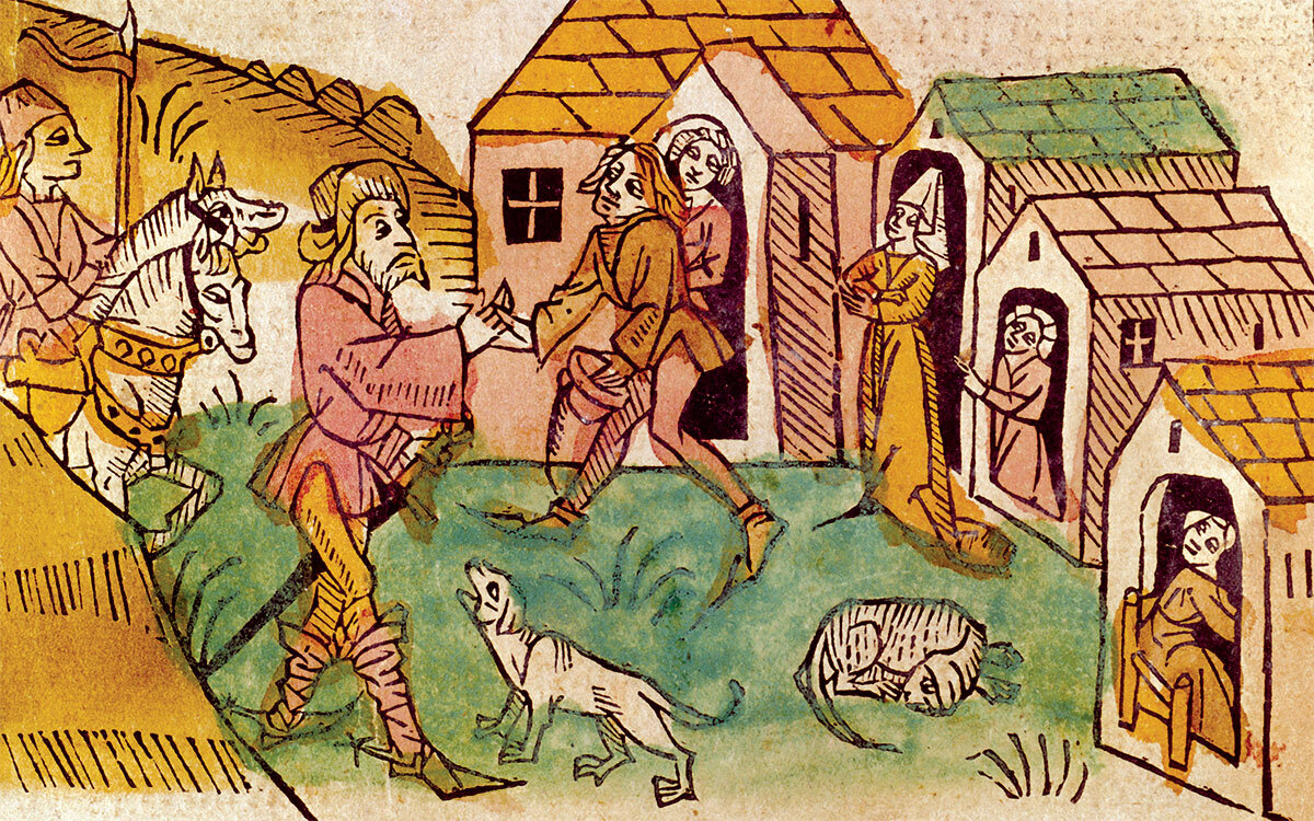 Содержатель публичного дома встречает Авраама из Кидунджи 
(немецкая гравюра, XV в.)
