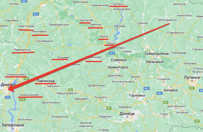 Ось наступления 6-й армии и упомянутые в статье города. Рисунок Автора