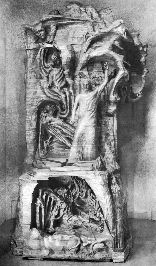 Скульптура, Ариман снизу, Люцифер сверху, по середине Христос, автор Р. Штайнер