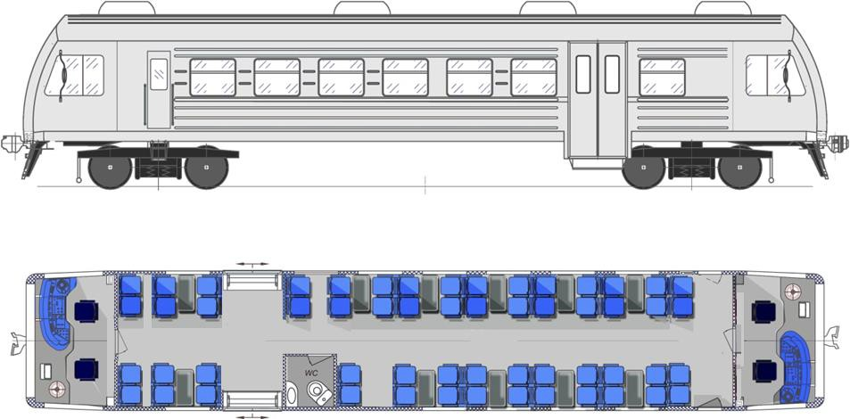 Эскиз и возможная планировка автомотрисы серии М100, иллюстрация Baltic Loco Group SIA