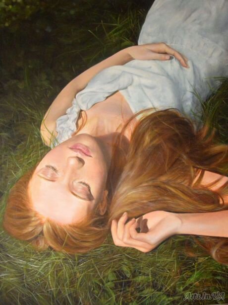 Сергей Пискунов. Девушка на газоне. Холст, масло.
