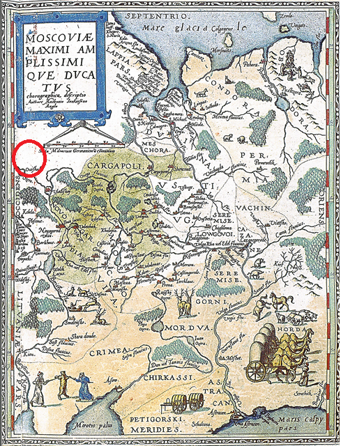 Новгородская земля на голландской карте Московии, 1593 год. Красным кругом показано примерное расположение верхнего геологического массива Петрополиса, чем и объясняется отсутствие на карте Финского залива, заслоняемого верхней Землёй.