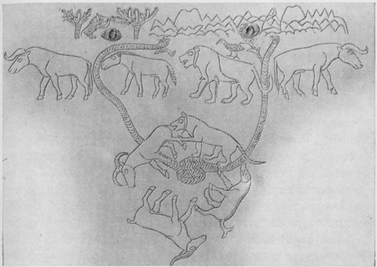 Прорисовка чеканных изображений животных на серебряном кубке из клада Майкопского кургана. В верхнем ряду "статусных" животных, идущих на фоне Кавказских гор, изображена степная тарпановидная лошадь. Внизу у озера, в которое впадают горные реки - баран, козел, кабан и барс (?). Лев (рядом с лошадью) - один из ключевых образов шумерского искусства, но неизвестный на Кавказе зверь. Иллюстрация из книги Г. С. Плетнёвой "Первобытное искусство в собрании Эрмитажа" (1963). 