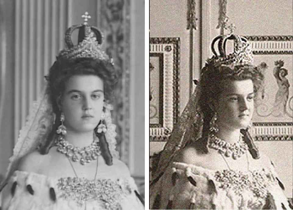 Великая княжна Мария Павловна в диадеме Марии Федоровны после венчания с Вильгельмом, герцогом Сёдерманландским, 1908 год. 