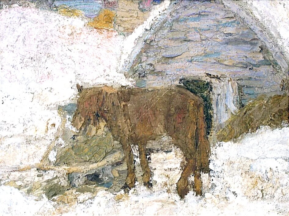 Юкин В.Я., "Зима. Лошадь у сарая", 1955-1957, картон, масло, пастель, 31 x 42 см