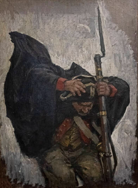 На этюде «Солдат» Суриков изобразил воина, который прыгает со склона вниз. Ростовский музей изобразительных искусств. 1898