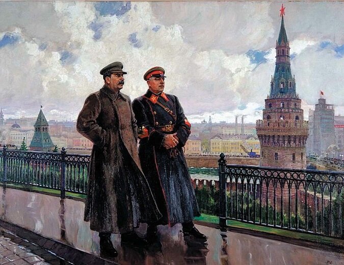 Герасимов. И. В. Сталин и К. Е. Ворошилов в Кремле. 1938.