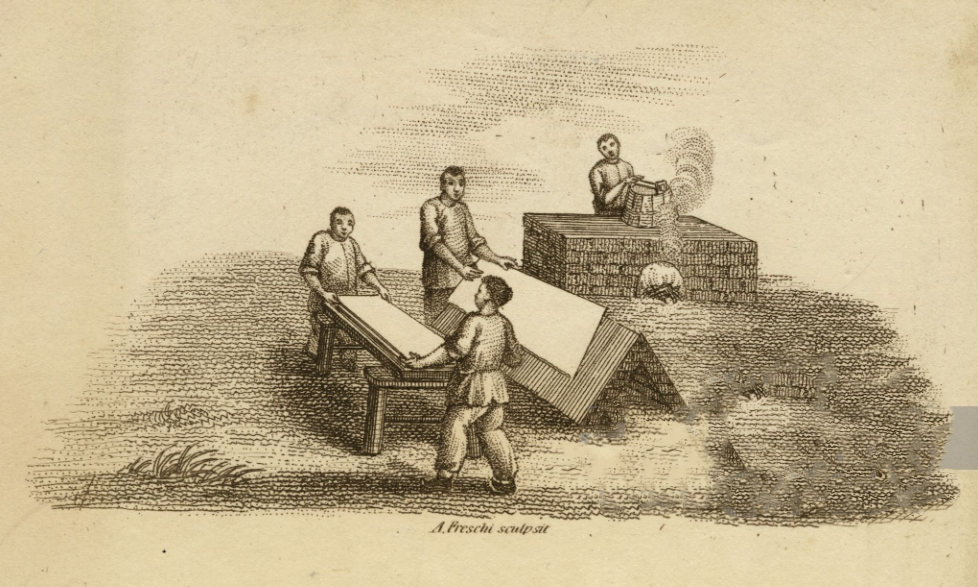 Гравюра 1800-е. Варка и сушка на солнце.