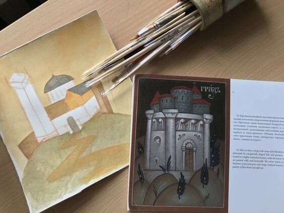 Рядом - начатый пейзаж с использованием   характерных "средневековых" приёмов композиции. 