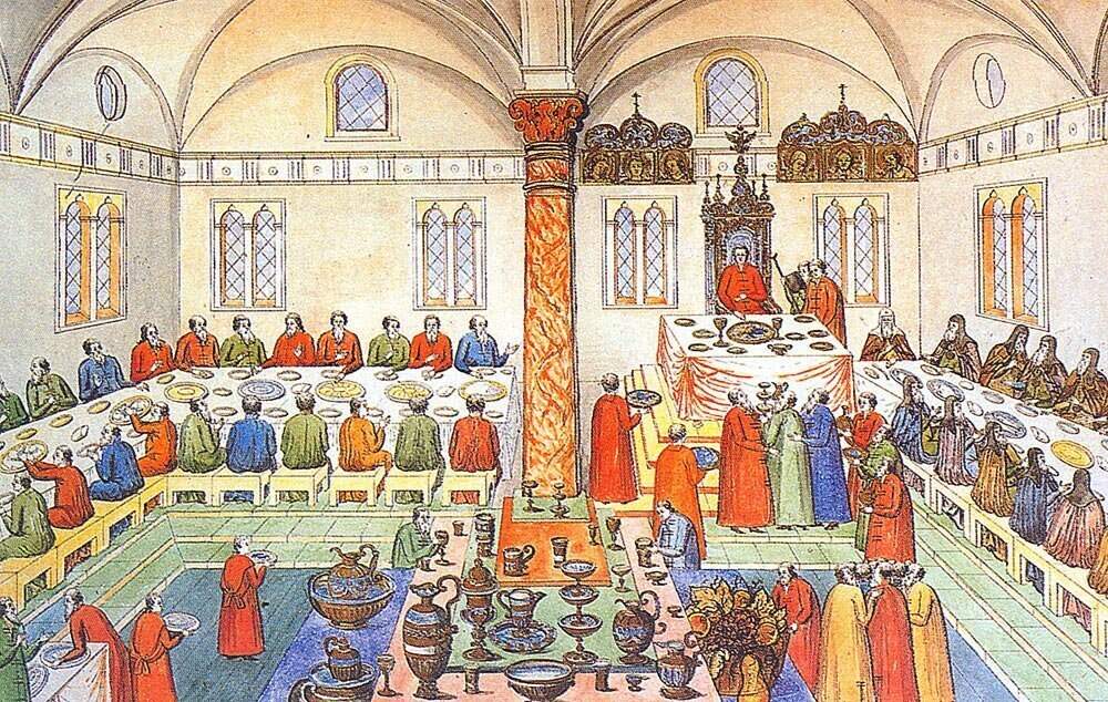 Пир в Грановитой палате. Иллюстрация из Книги о избрании на превысочайший престол великого государя царя Михаила Федоровича. Москва, Посольский приказ. 1672 г. Музеи Московского Кремля. Картинка из открытых источников.