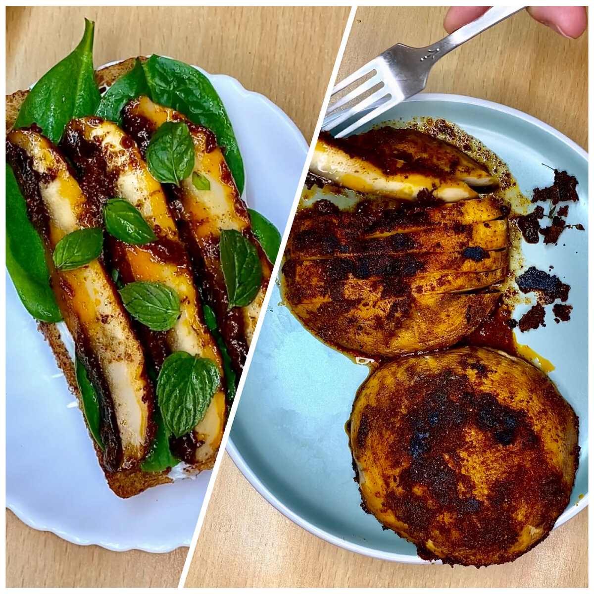 Я недолюбливаю грибы по необъяснимым причинам, это скорее чисто интуитивная нелюбовь, потому что никакой официальной информации об их вреде у меня нет. А интуиция говорит мне, что с ними все не так просто! Все это грибное царство не внушает мне доверия и я стараюсь есть их как можно реже. Но, увидела в магазине эти огромные шампиньоны портобелло и мой внутренний кулинарный блогер захотел экспериментов! Ну интересно же, какой вкус будет у таких огромных грибов? А если их обмазать специями имитируя «копченые» грибы? В общем, взяла я упаковку себе для развлечений. Ну что сказать, получилось вкусно, смесь специй придала грибам интересный аромат и необычный (для грибов) копченый вкус. Если увидите такие грибы у вас в магазине, можете смело брать для пробы, у них интересная текстура, а вкус можно отрегулировать специями, как, к примеру, сделала я.

Итак, способ приготовления:
1. Смешать в тарелочке следующие специи: 
- 1 ч.л. зиры (кумина)
- 1 ч.л. копченой паприки
- 1 ч.л. лукового порошка
- 1 ч.л. корицы
- Черный молотый перец
- Соль
- Растительное масло
2. Смазать нижнюю часть грибов портобелло получившейся смесью и положить на разогретую с маслом сковородку нижней частью вниз. Сразу обмазать смесью верхние части грибов. 
3. Хорошо обжарить с двух сторон до готовности.
4. Я ела их с бутербродами - на хлеб намазала веганский майонез, положила листья шпината, затем грибы, посыпала листиками мяты и сверху положила кусочек помидорки. Получилось очень вкусно!
